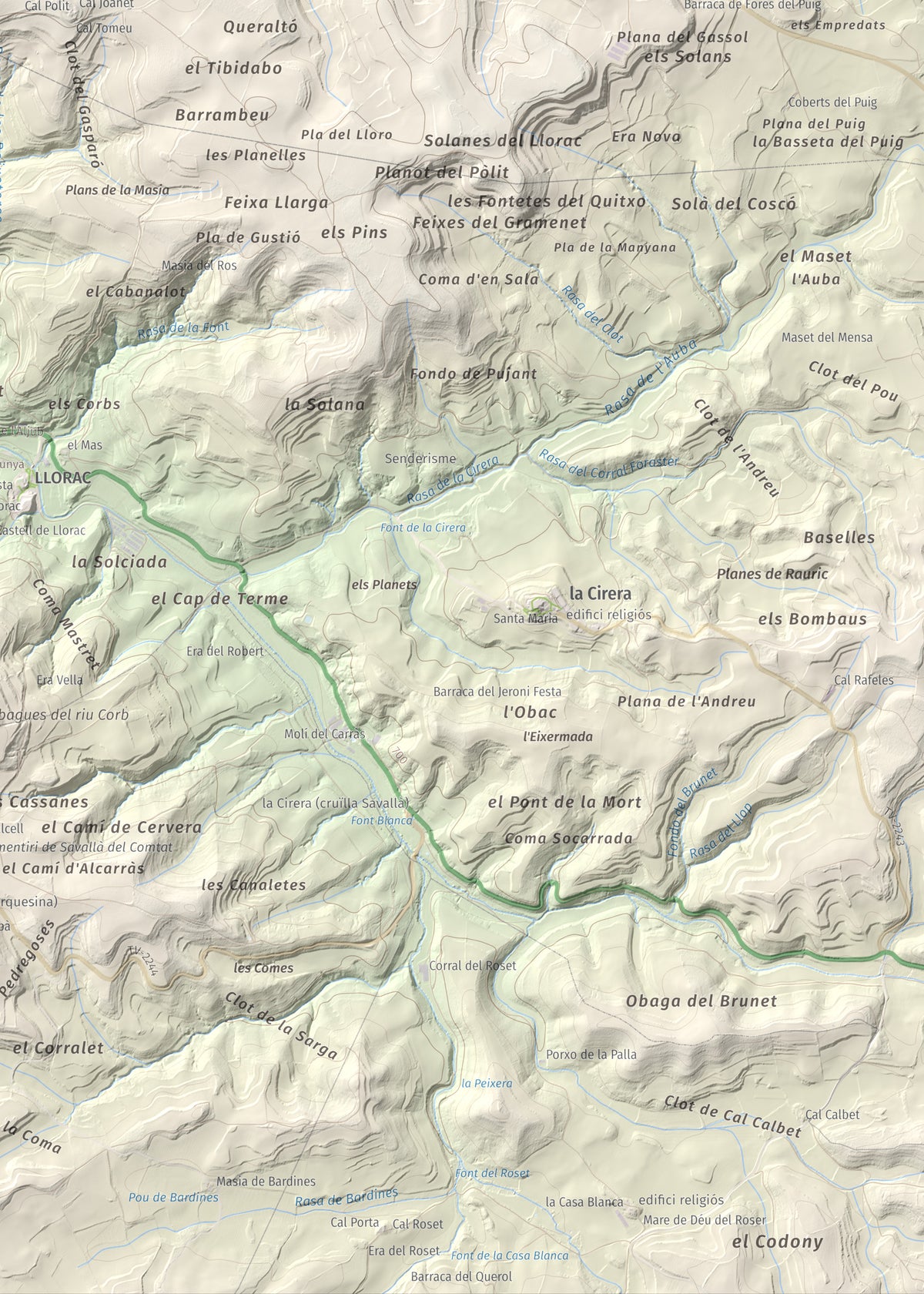 Mapa de relieve de Tossal de Suró, 828 m, Segarra, lámina 100 Cims de Trobart. Detalle de la zona inferior derecha. 50 × 70 cm.