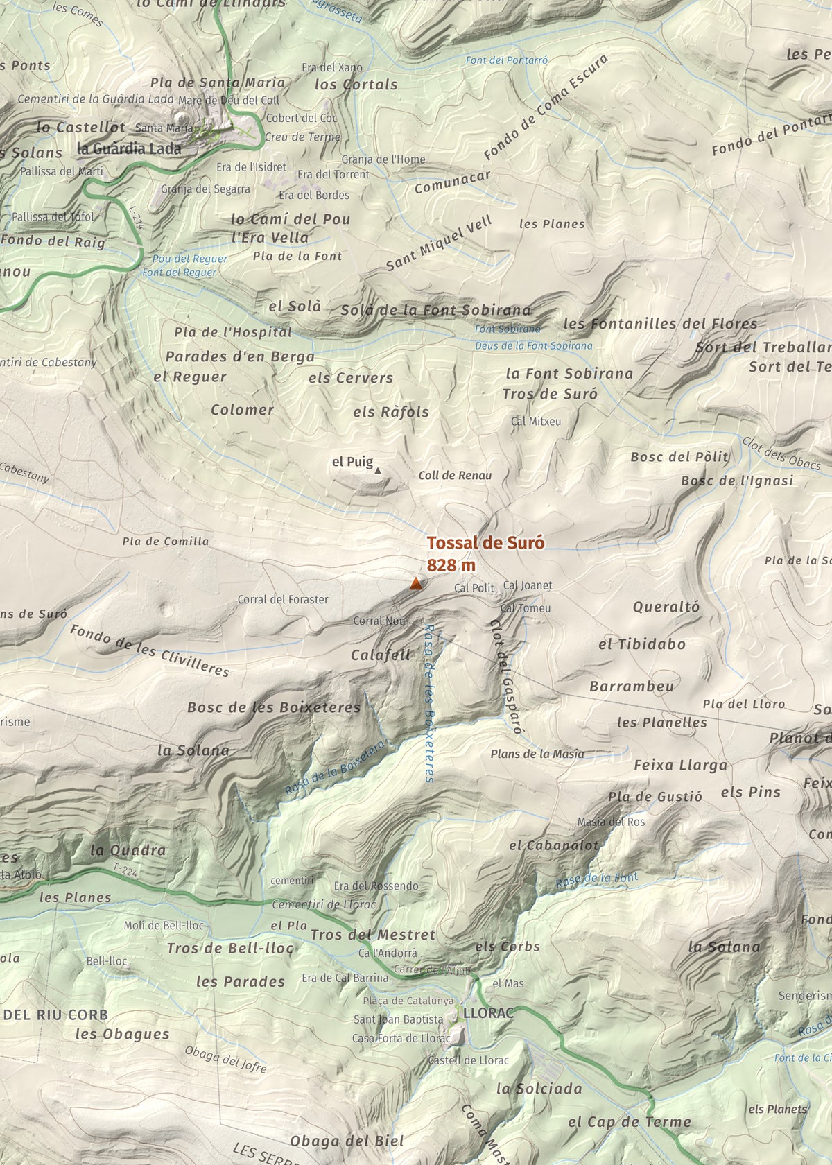 Mapa de relieve de Tossal de Suró, 828 m, Segarra, lámina 100 Cims de Trobart. Detalle de la zona central. 50 × 70 cm.