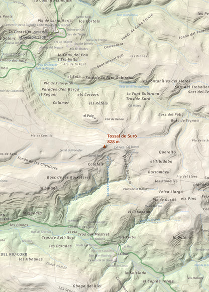 Mapa de relieve de Tossal de Suró, 828 m, Segarra, lámina 100 Cims de Trobart. Detalle de la zona central. 50 × 70 cm.