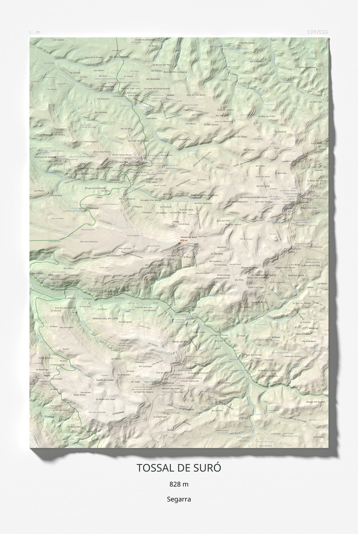 Mapa de relieve de Tossal de Suró, 828 m, Segarra, lámina 100 Cims de Trobart 61 × 91 cm.
