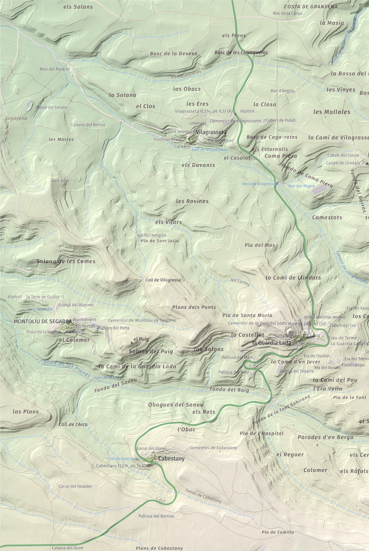Mapa de relieve de Tossal de Suró, 828 m, Segarra, lámina 100 Cims de Trobart. Detalle de la zona superior izquierda. 61 × 91 cm.