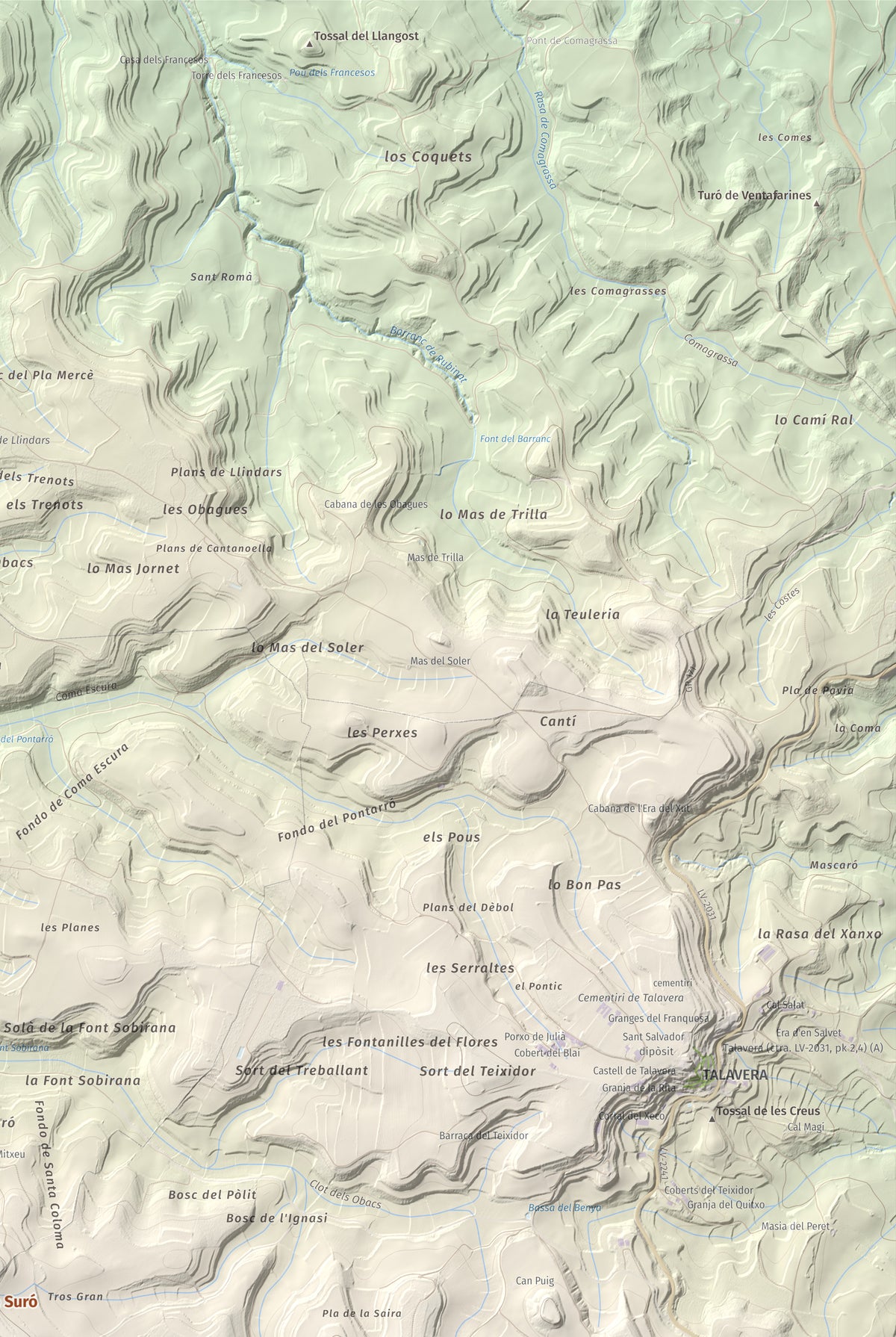 Mapa de relieve de Tossal de Suró, 828 m, Segarra, lámina 100 Cims de Trobart. Detalle de la zona superior derecha. 61 × 91 cm.