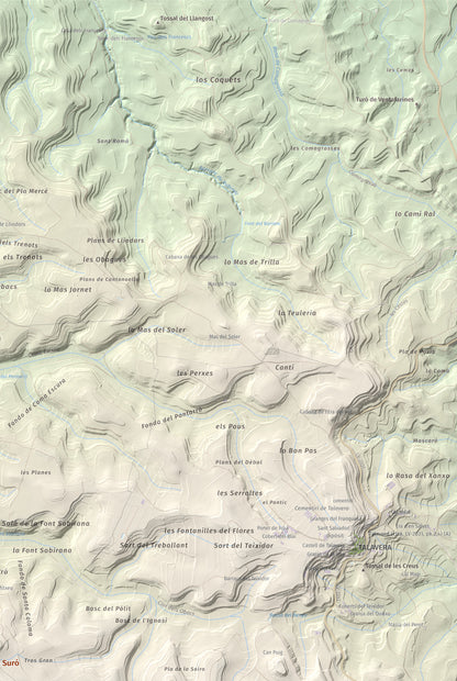 Mapa de relieve de Tossal de Suró, 828 m, Segarra, lámina 100 Cims de Trobart. Detalle de la zona superior derecha. 61 × 91 cm.