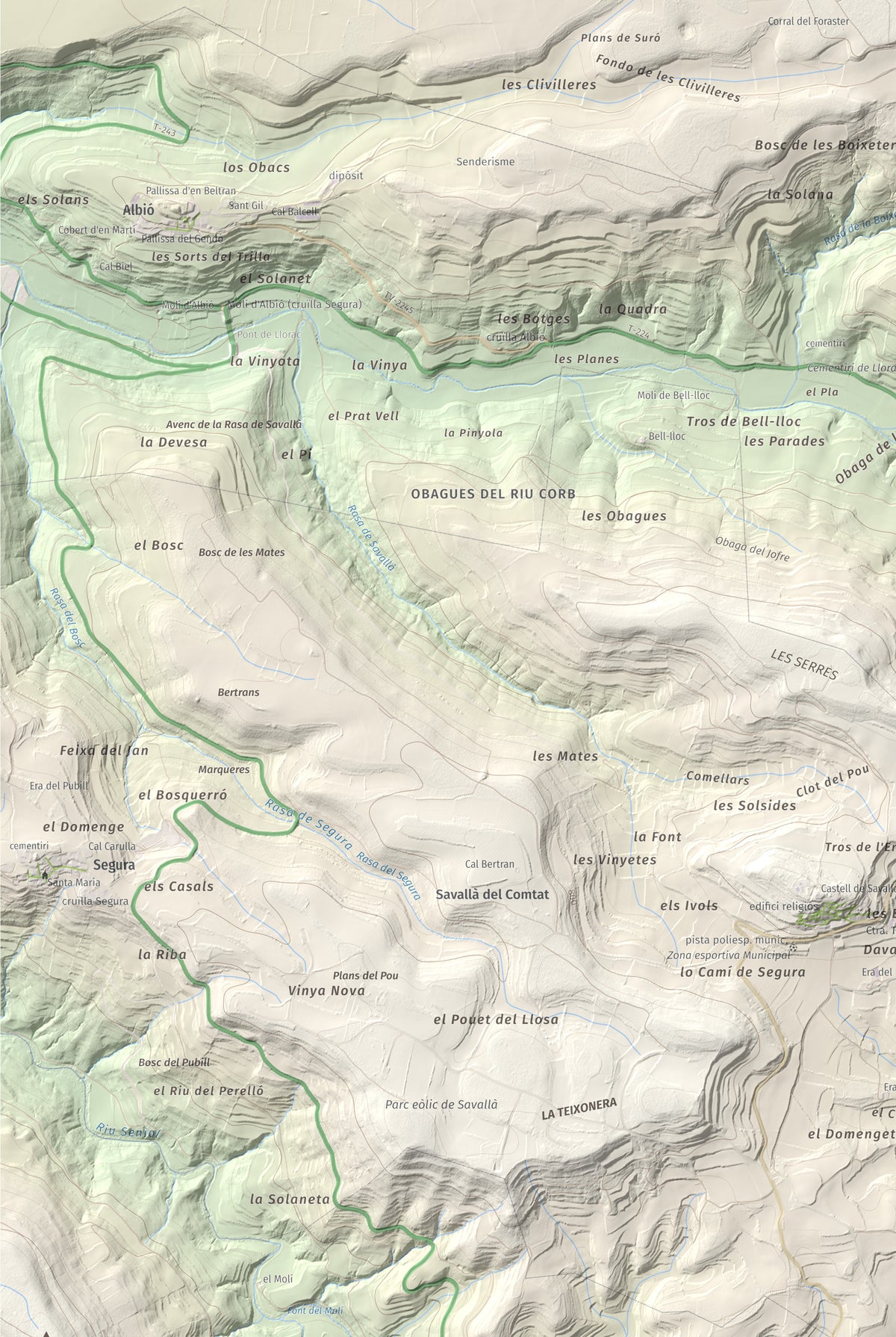 Mapa de relieve de Tossal de Suró, 828 m, Segarra, lámina 100 Cims de Trobart. Detalle de la zona inferior izquierda. 61 × 91 cm.