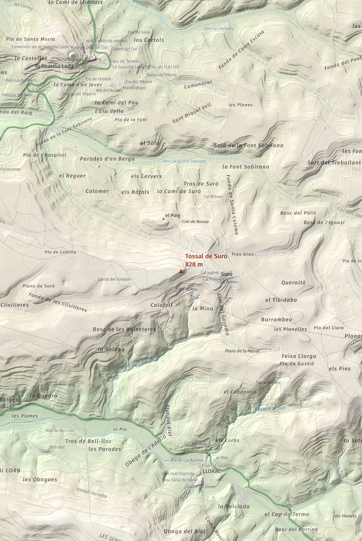Mapa de relieve de Tossal de Suró, 828 m, Segarra, lámina 100 Cims de Trobart. Detalle de la zona central. 61 × 91 cm.