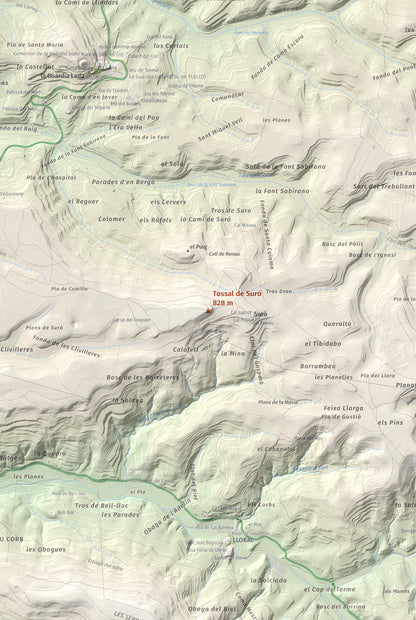 Mapa de relieve de Tossal de Suró, 828 m, Segarra, lámina 100 Cims de Trobart. Detalle de la zona central. 61 × 91 cm.