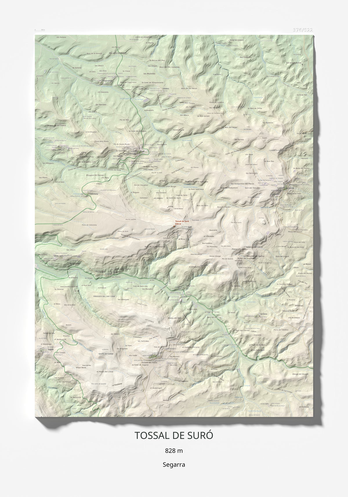 Mapa de relieve de Tossal de Suró, 828 m, Segarra, lámina 100 Cims de Trobart 70 × 100 cm.