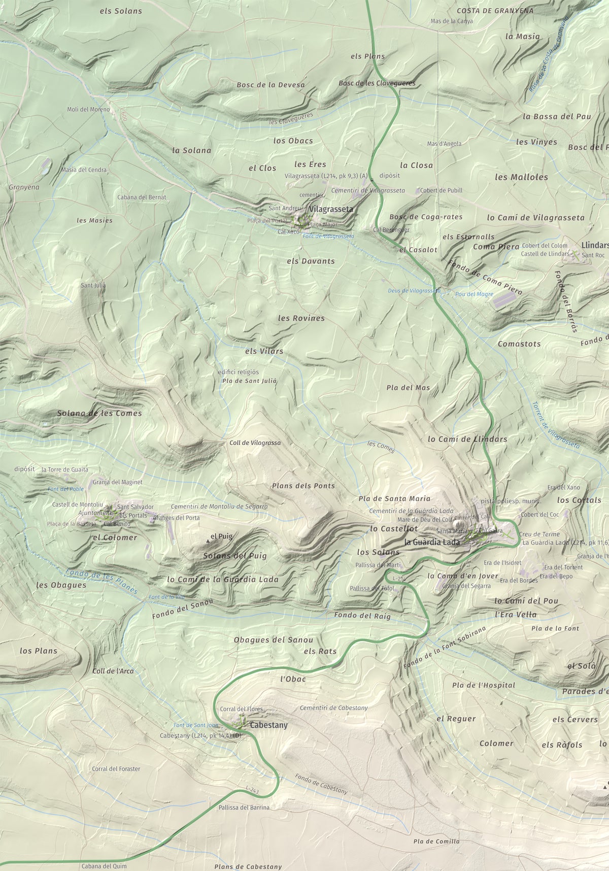 Mapa de relieve de Tossal de Suró, 828 m, Segarra, lámina 100 Cims de Trobart. Detalle de la zona superior izquierda. 70 × 100 cm.