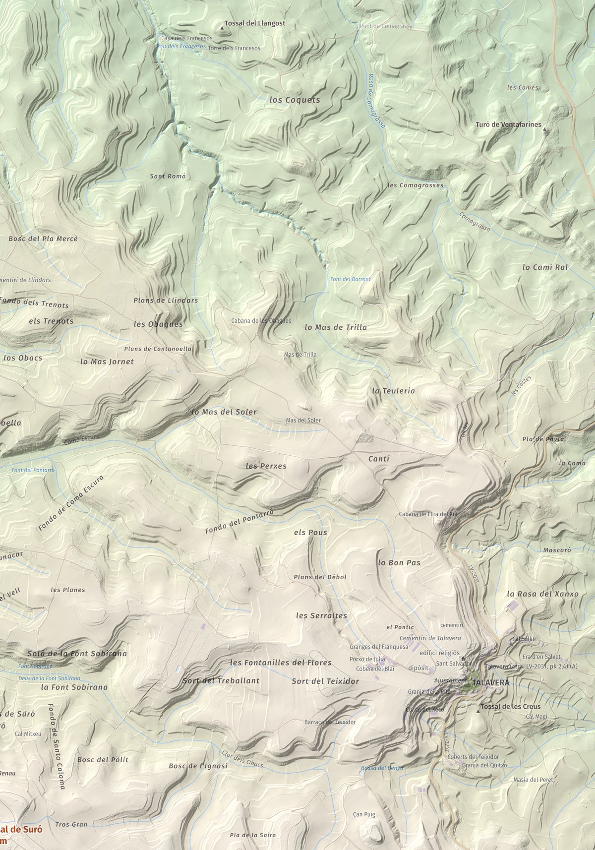 Mapa de relieve de Tossal de Suró, 828 m, Segarra, lámina 100 Cims de Trobart. Detalle de la zona superior derecha. 70 × 100 cm.