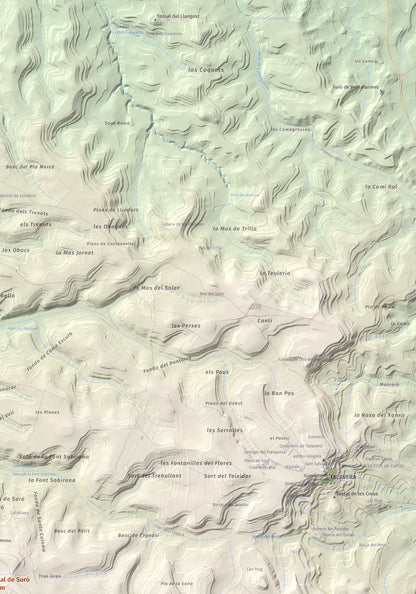 Mapa de relieve de Tossal de Suró, 828 m, Segarra, lámina 100 Cims de Trobart. Detalle de la zona superior derecha. 70 × 100 cm.
