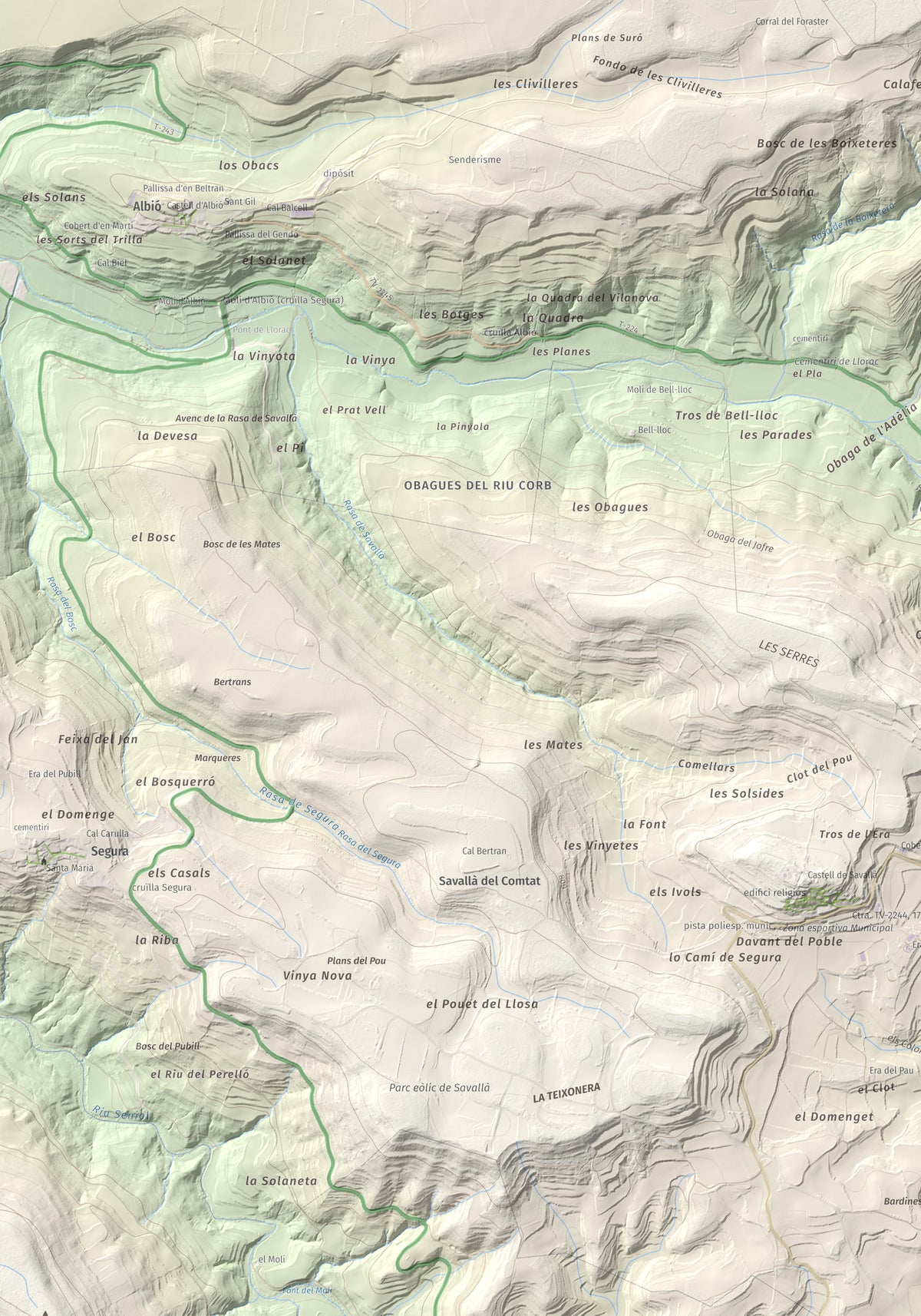 Mapa de relieve de Tossal de Suró, 828 m, Segarra, lámina 100 Cims de Trobart. Detalle de la zona inferior izquierda. 70 × 100 cm.