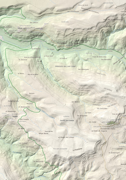 Mapa de relieve de Tossal de Suró, 828 m, Segarra, lámina 100 Cims de Trobart. Detalle de la zona inferior izquierda. 70 × 100 cm.