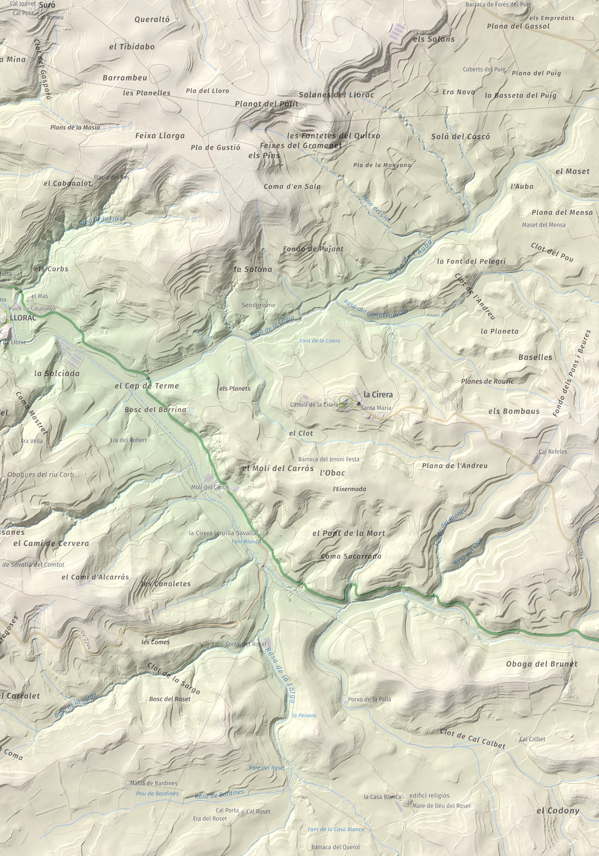 Mapa de relieve de Tossal de Suró, 828 m, Segarra, lámina 100 Cims de Trobart. Detalle de la zona inferior derecha. 70 × 100 cm.