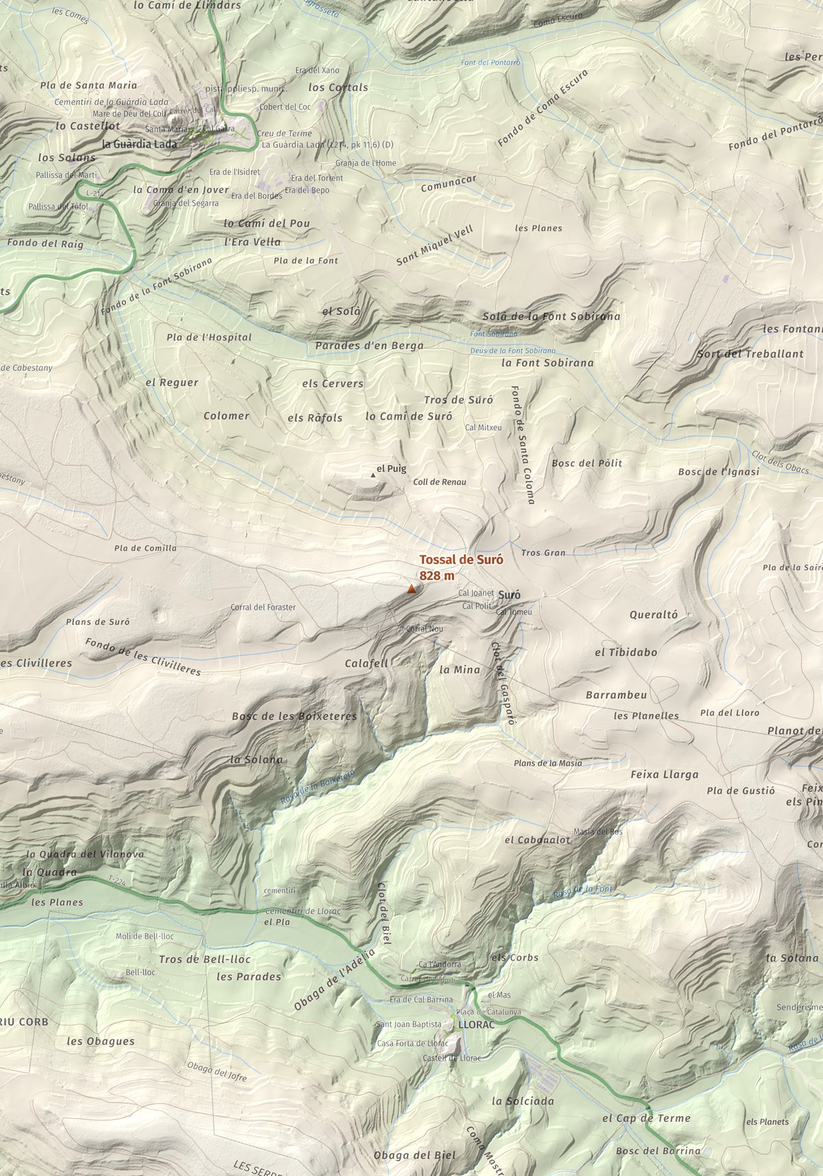 Mapa de relieve de Tossal de Suró, 828 m, Segarra, lámina 100 Cims de Trobart. Detalle de la zona central. 70 × 100 cm.