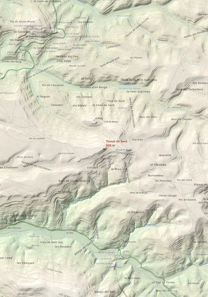 Mapa de relieve de Tossal de Suró, 828 m, Segarra, lámina 100 Cims de Trobart. Detalle de la zona central. 70 × 100 cm.