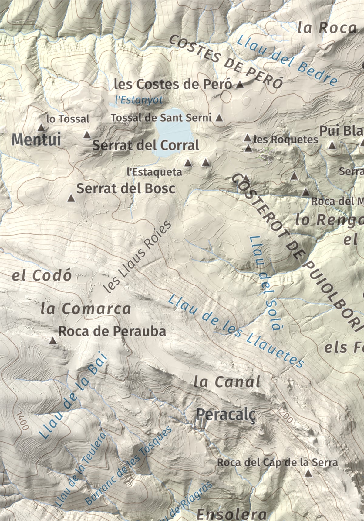 Mapa de relieve de Tossal de l'Àliga (la Geganta Adormida), 1315 m, Pallars Sobirà, lámina 100 Cims de Trobart. Detalle de la zona superior izquierda. 21 × 30 cm.