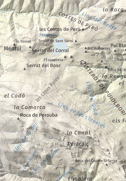 Mapa de relieve de Tossal de l'Àliga (la Geganta Adormida), 1315 m, Pallars Sobirà, lámina 100 Cims de Trobart. Detalle de la zona superior izquierda. 21 × 30 cm.