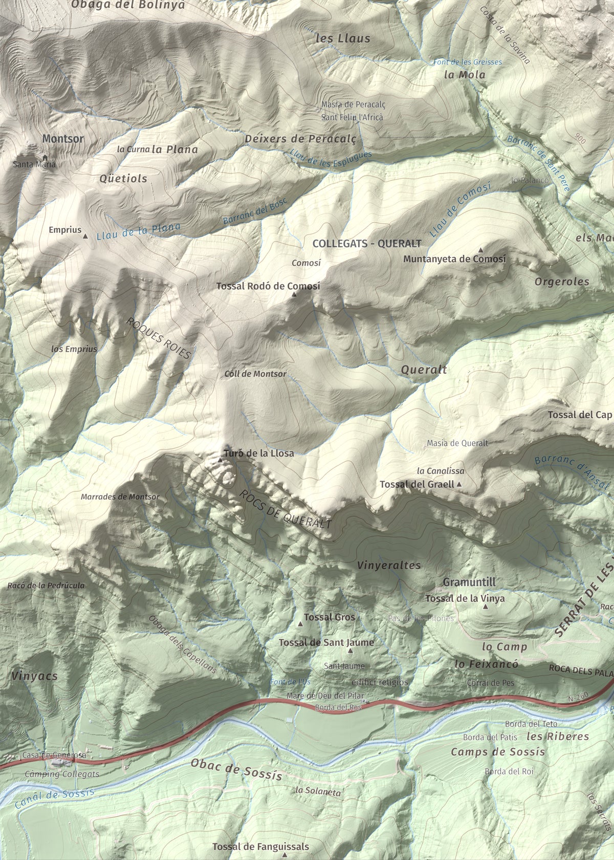 Mapa de relieve de Tossal de l'Àliga (la Geganta Adormida), 1315 m, Pallars Sobirà, lámina 100 Cims de Trobart. Detalle de la zona inferior izquierda. 50 × 70 cm.