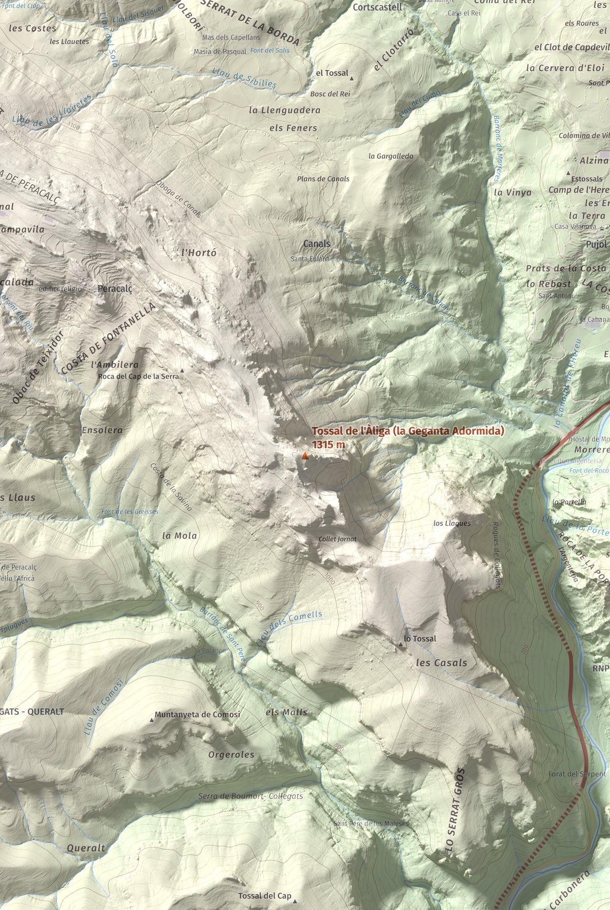 Mapa de relieve de Tossal de l'Àliga (la Geganta Adormida), 1315 m, Pallars Sobirà, lámina 100 Cims de Trobart. Detalle de la zona central. 61 × 91 cm.