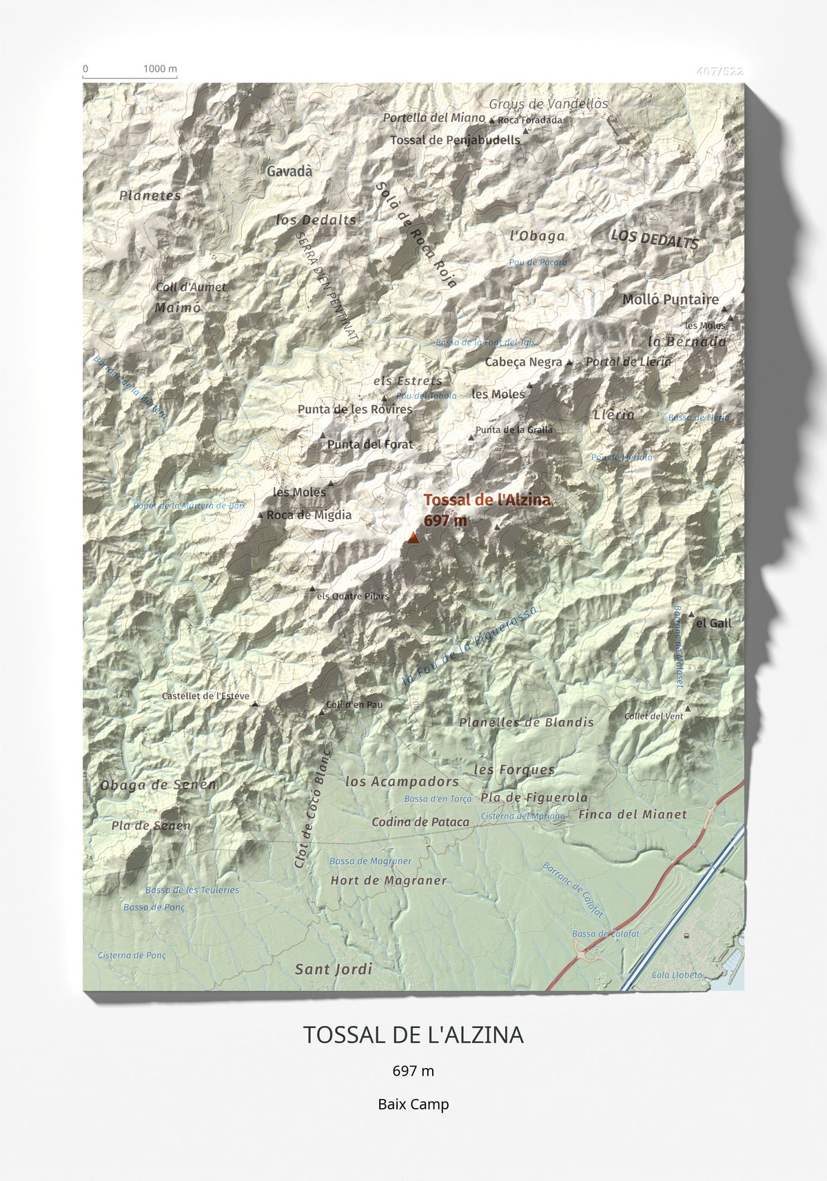 Mapa topogràfic del relleu: Tossal de l'Alzina, 697 m. Làmina completa. 21 × 30 cm.
