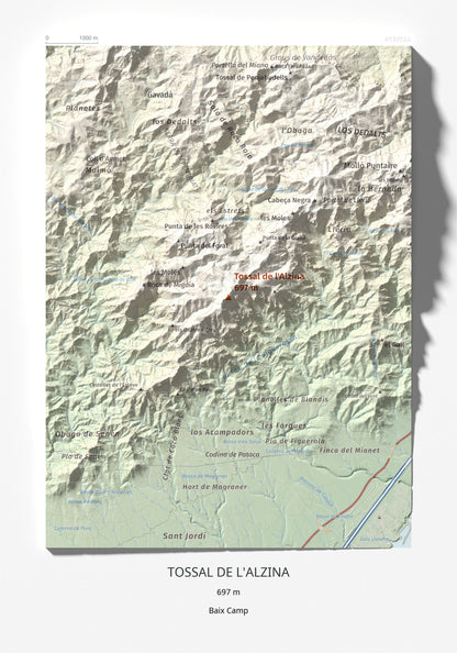 Mapa topogràfic del relleu: Tossal de l'Alzina, 697 m. Làmina completa. 21 × 30 cm.