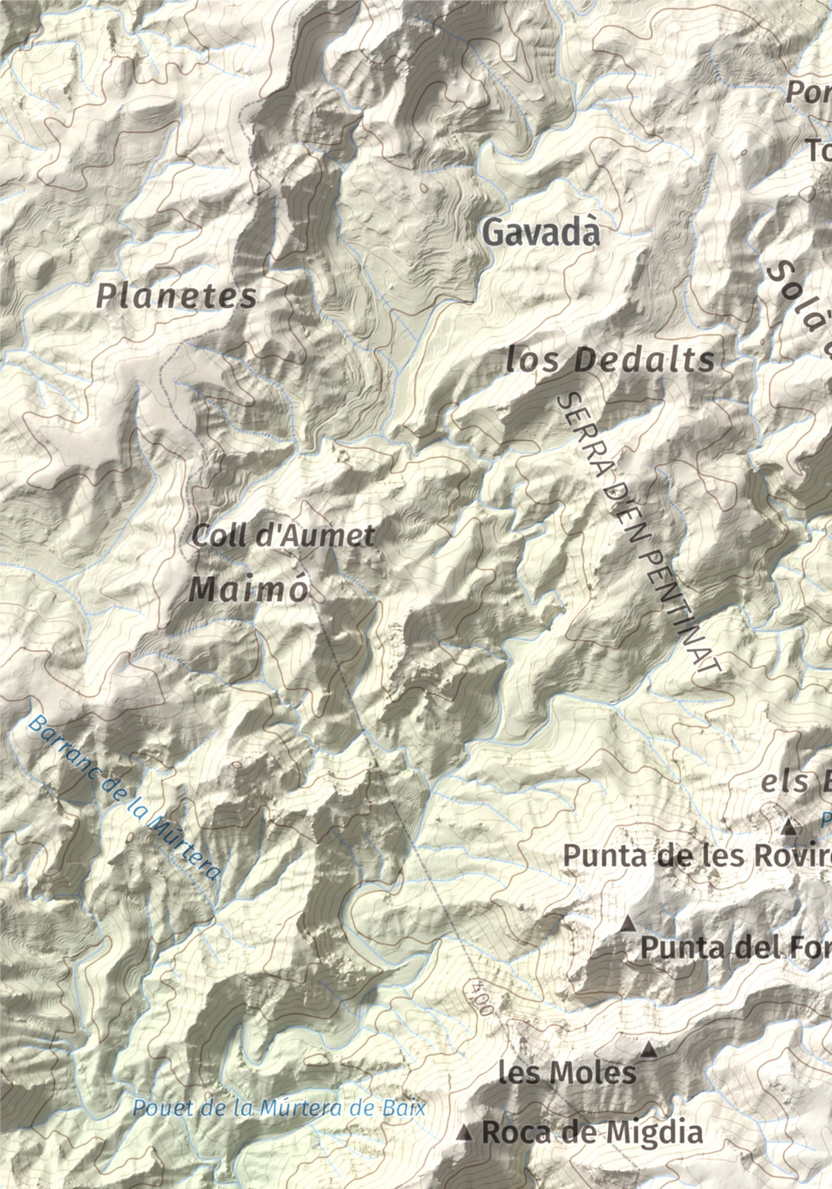Mapa topogràfic del relleu: Tossal de l'Alzina, 697 m. Detall de la zona superior esquerra. 21 × 30 cm.