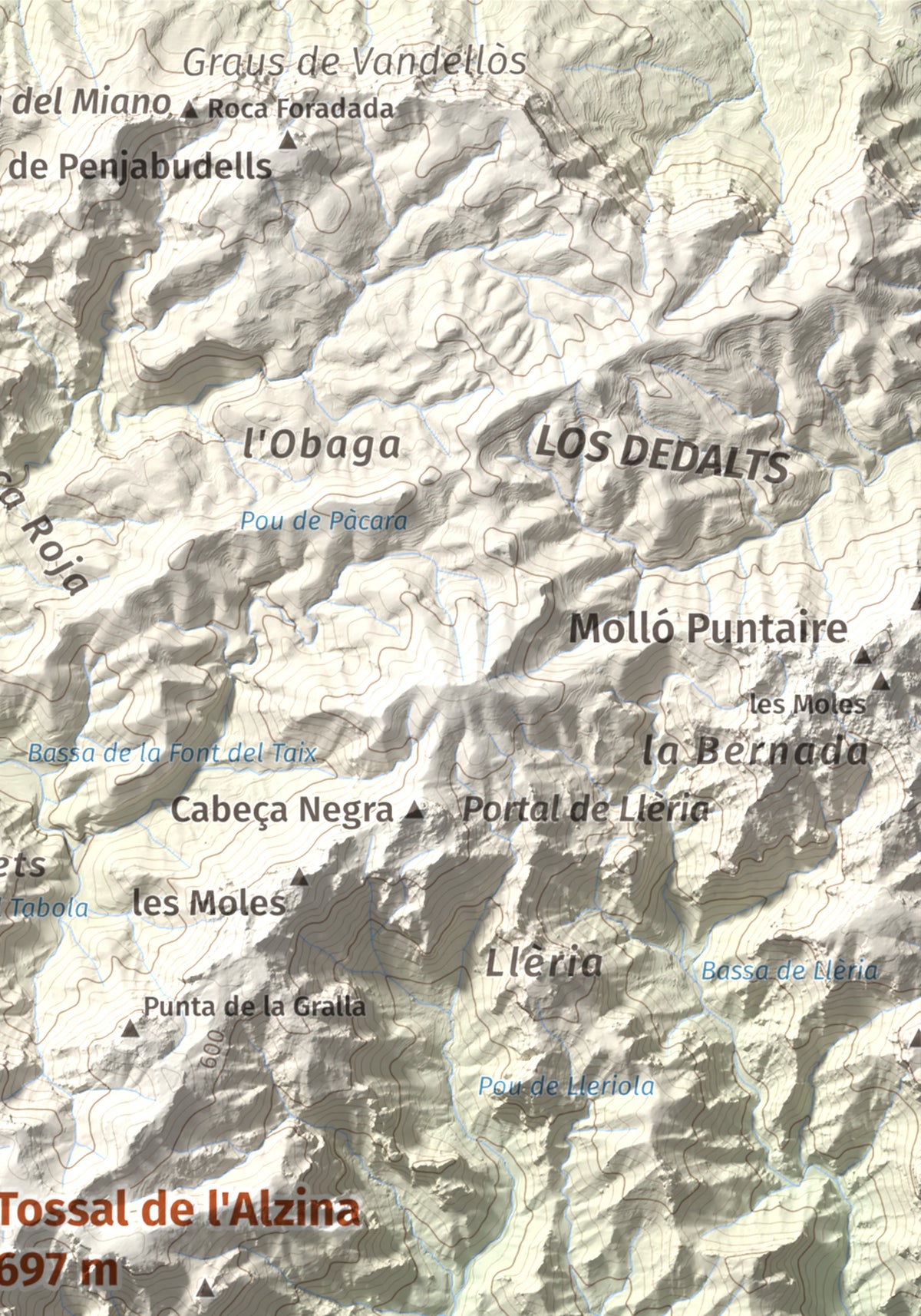Mapa topogràfic del relleu: Tossal de l'Alzina, 697 m. Detall de la zona superior dreta. 21 × 30 cm.