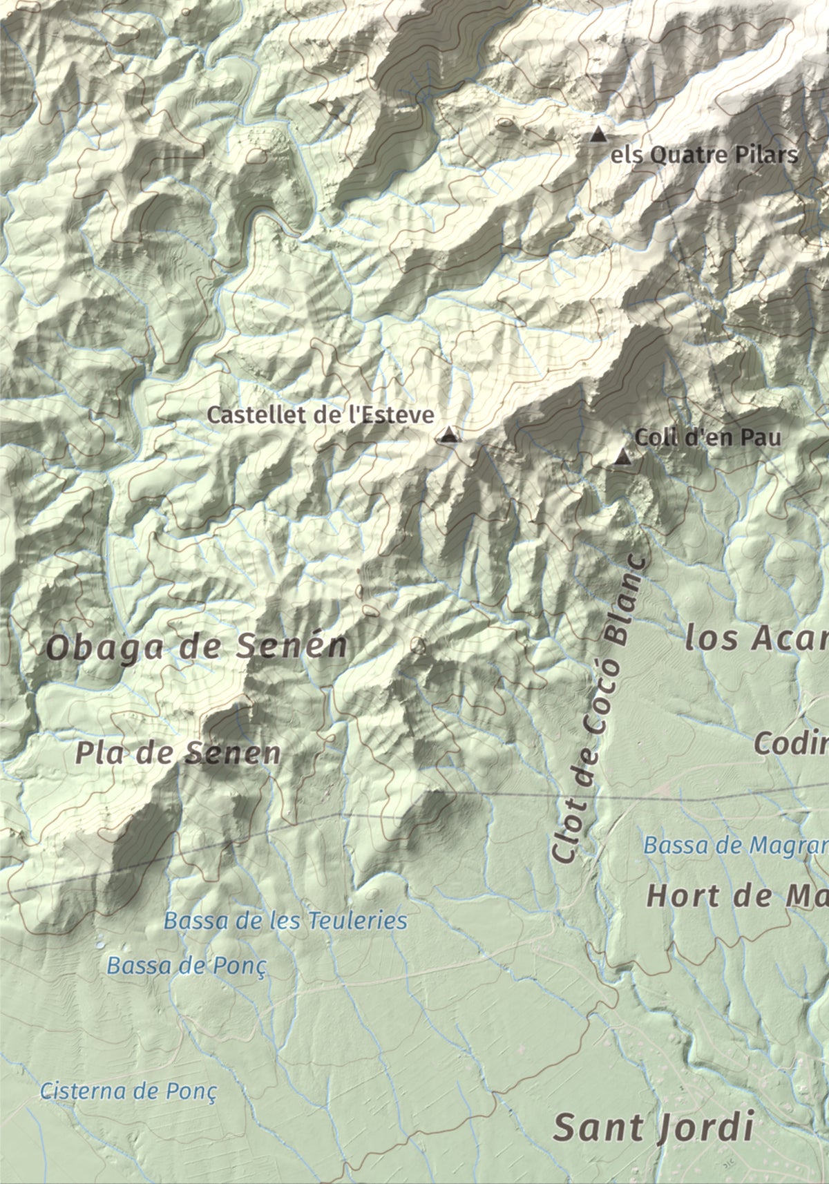 Mapa topogràfic del relleu: Tossal de l'Alzina, 697 m. Detall de la zona inferior esquerra. 21 × 30 cm.