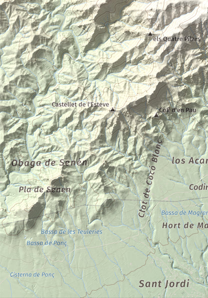 Mapa topogràfic del relleu: Tossal de l'Alzina, 697 m. Detall de la zona inferior esquerra. 21 × 30 cm.