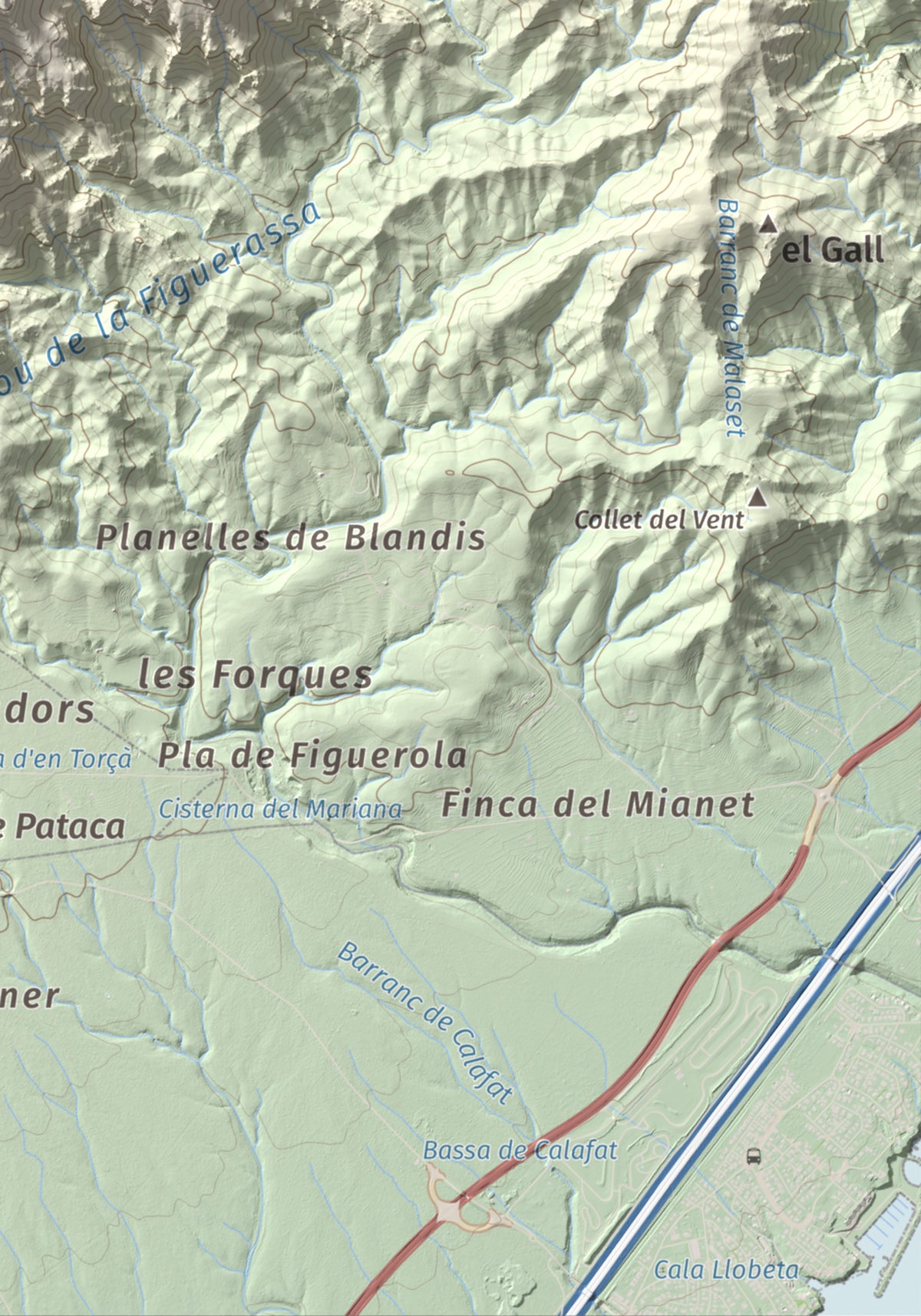 Mapa topogràfic del relleu: Tossal de l'Alzina, 697 m. Detall de la zona inferior dreta. 21 × 30 cm.