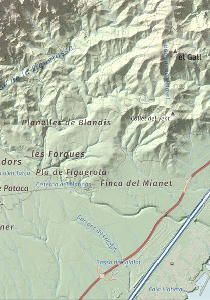Mapa topogràfic del relleu: Tossal de l'Alzina, 697 m. Detall de la zona inferior dreta. 21 × 30 cm.