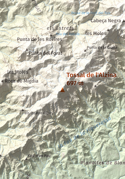Mapa topogràfic del relleu: Tossal de l'Alzina, 697 m. Detall de la zona central. 21 × 30 cm.