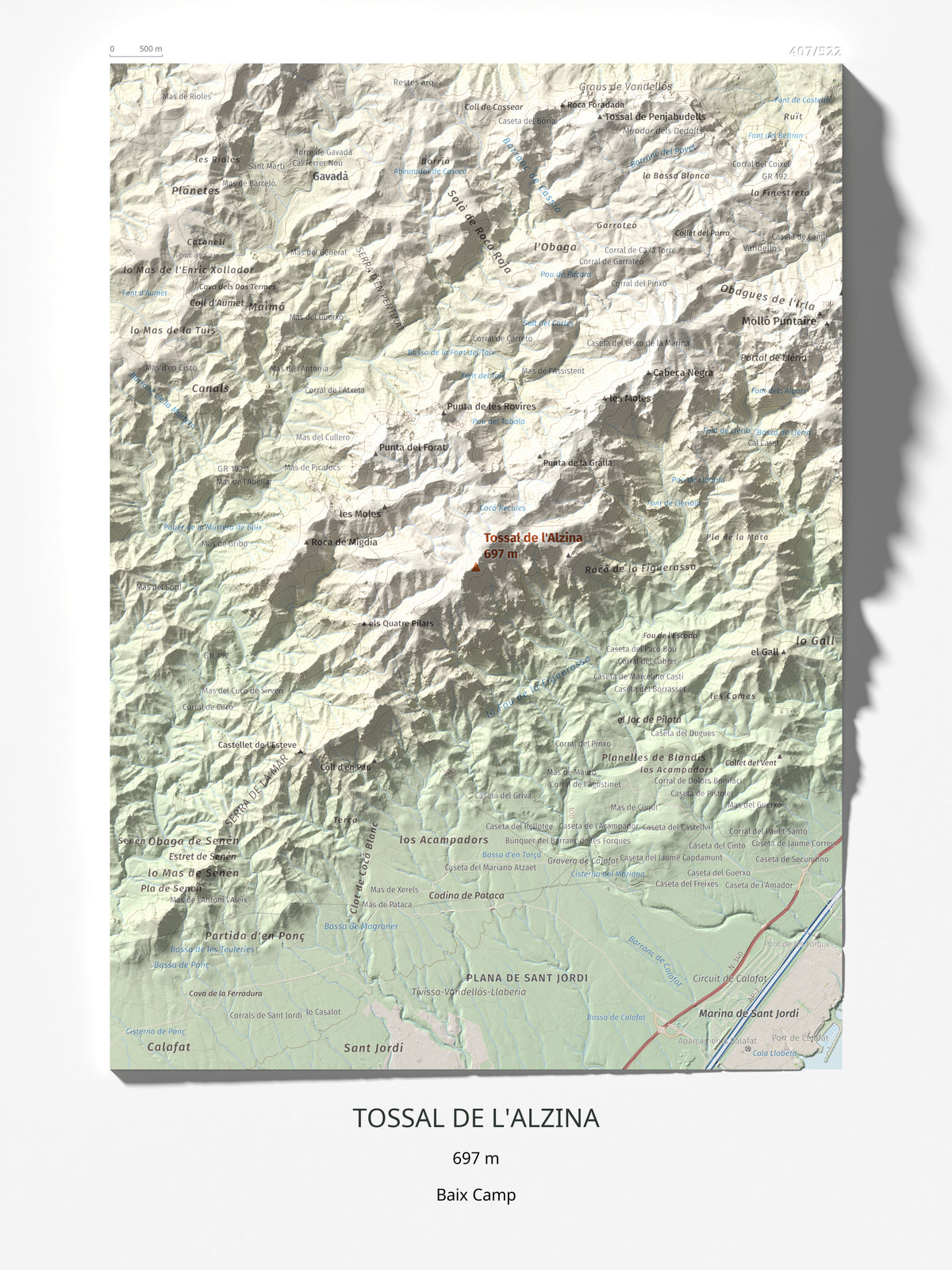 Mapa topogràfic del relleu: Tossal de l'Alzina, 697 m. Làmina completa. 30 × 40 cm.
