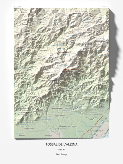 Mapa topogràfic del relleu: Tossal de l'Alzina, 697 m. Làmina completa. 30 × 40 cm.