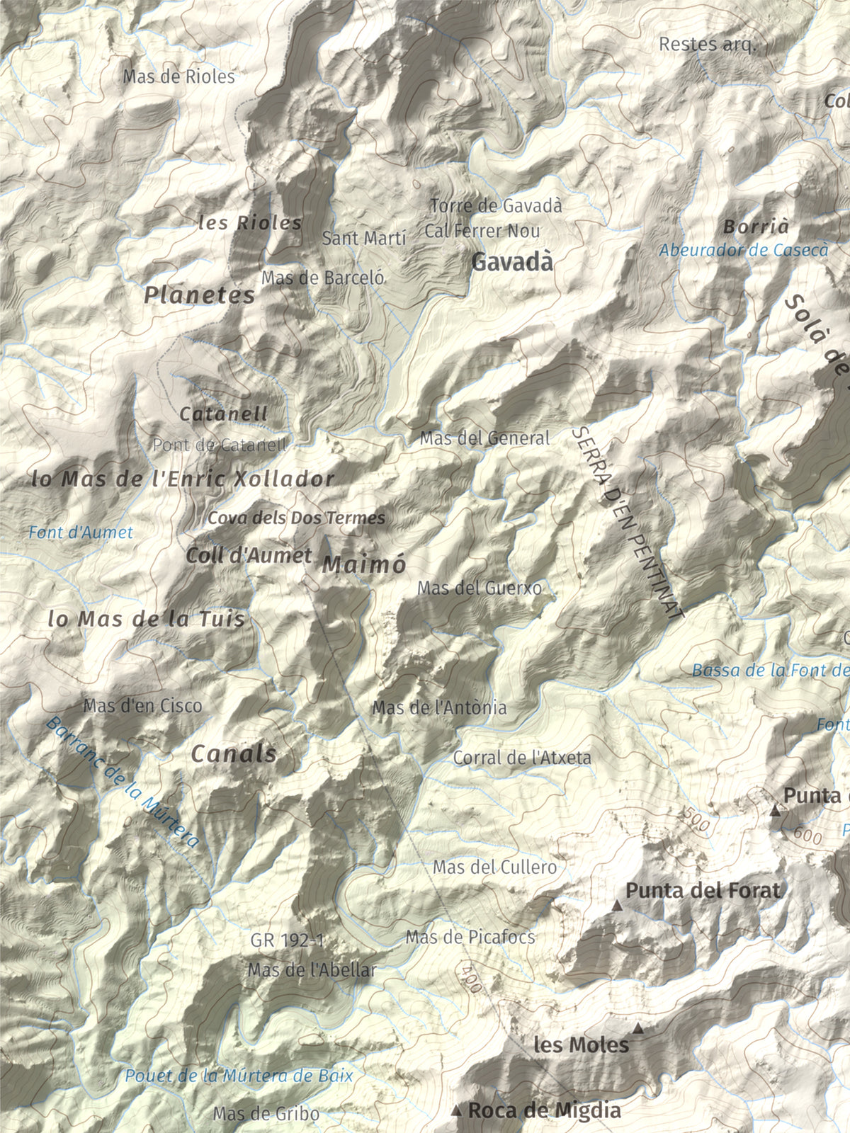 Mapa topogràfic del relleu: Tossal de l'Alzina, 697 m. Detall de la zona superior esquerra. 30 × 40 cm.