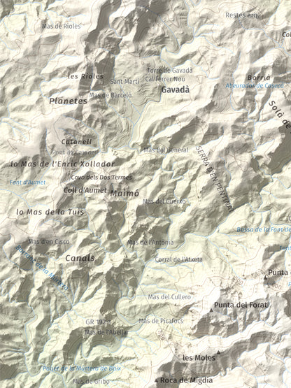 Mapa topogràfic del relleu: Tossal de l'Alzina, 697 m. Detall de la zona superior esquerra. 30 × 40 cm.