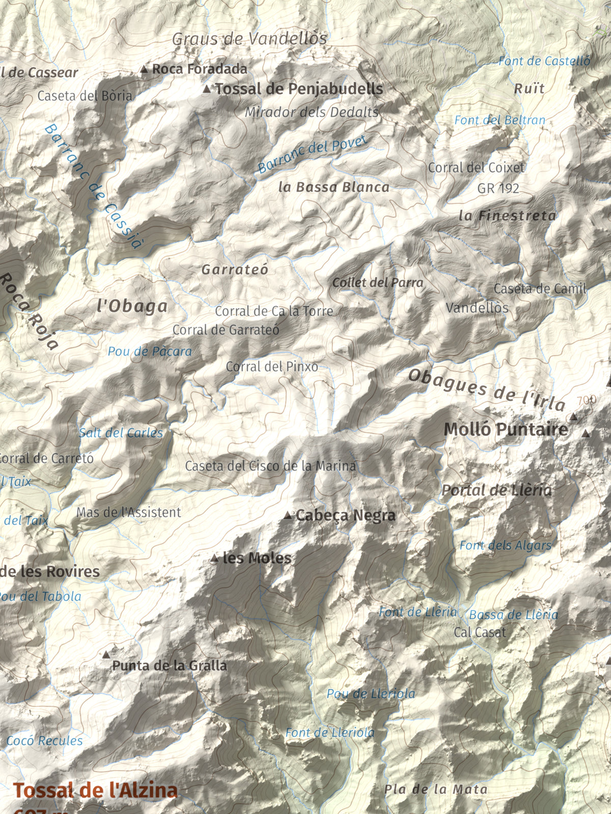 Mapa topogràfic del relleu: Tossal de l'Alzina, 697 m. Detall de la zona superior dreta. 30 × 40 cm.
