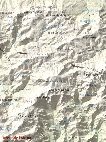 Mapa topogràfic del relleu: Tossal de l'Alzina, 697 m. Detall de la zona superior dreta. 30 × 40 cm.