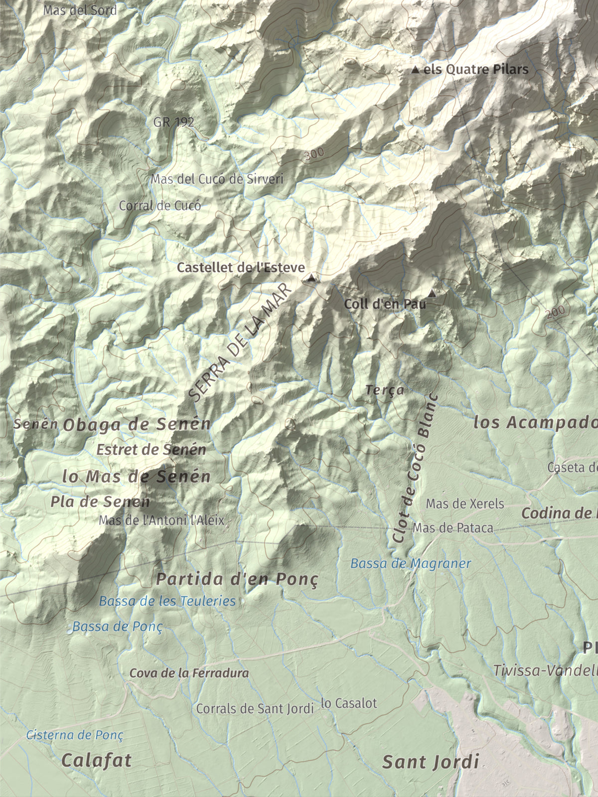 Mapa topogràfic del relleu: Tossal de l'Alzina, 697 m. Detall de la zona inferior esquerra. 30 × 40 cm.