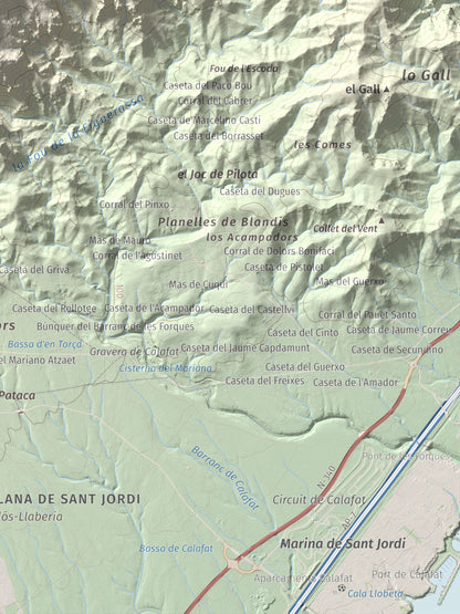 Mapa topogràfic del relleu: Tossal de l'Alzina, 697 m. Detall de la zona inferior dreta. 30 × 40 cm.