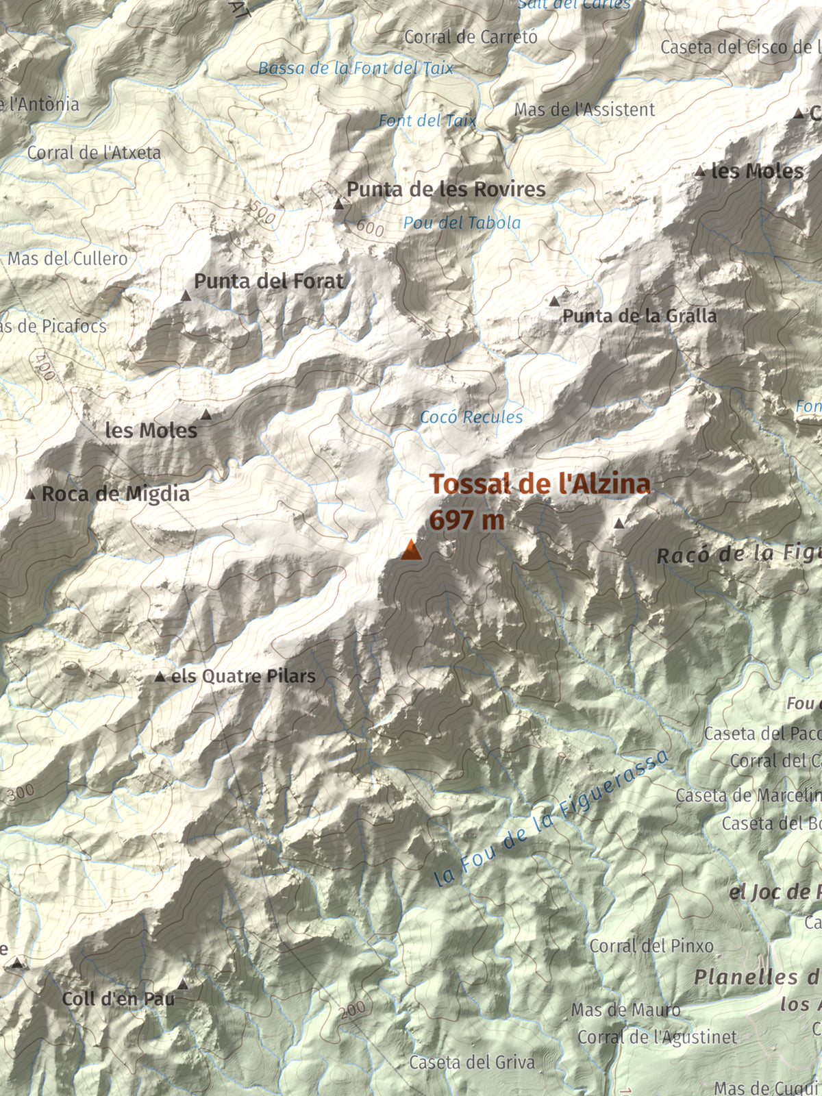 Mapa topogràfic del relleu: Tossal de l'Alzina, 697 m. Detall de la zona central. 30 × 40 cm.