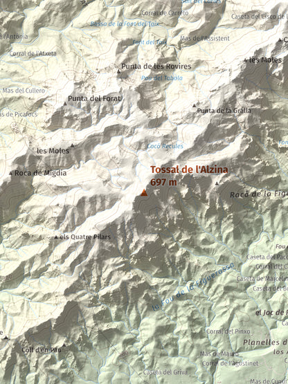Mapa topogràfic del relleu: Tossal de l'Alzina, 697 m. Detall de la zona central. 30 × 40 cm.