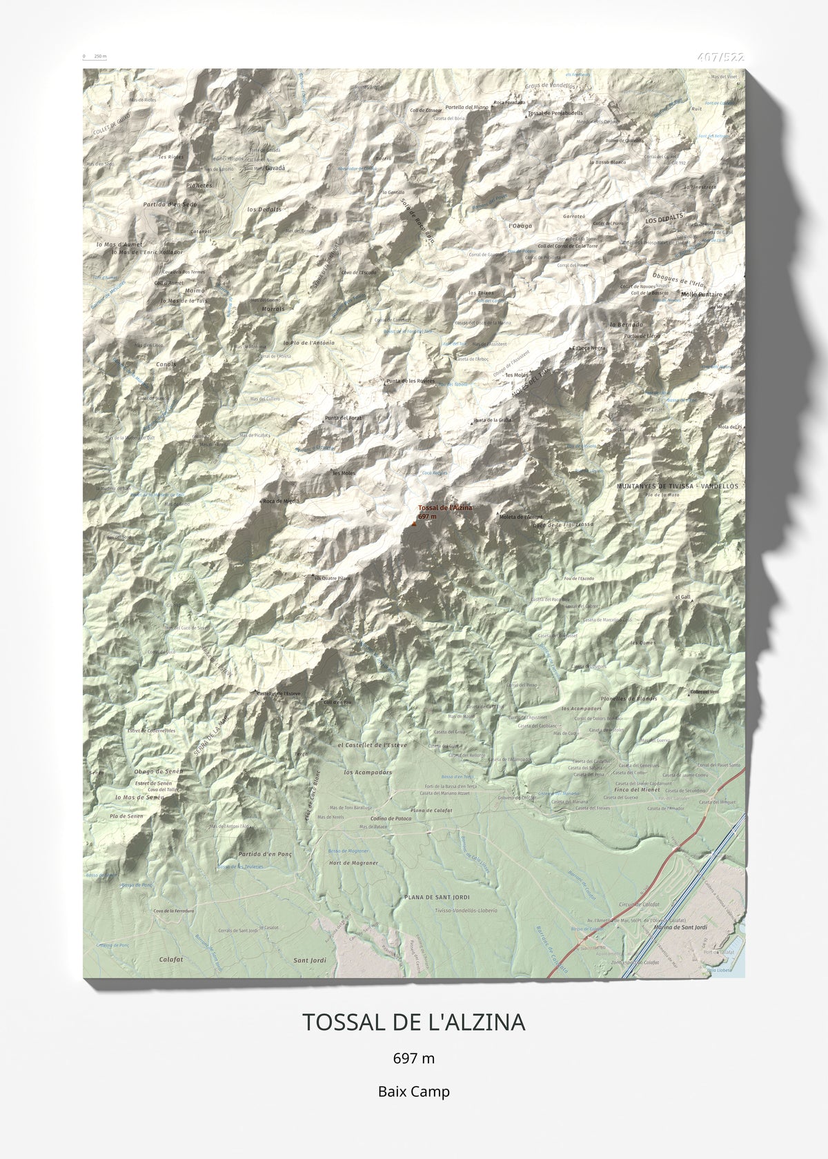 Mapa topogràfic del relleu: Tossal de l'Alzina, 697 m. Làmina completa. 50 × 70 cm.