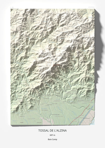 Mapa topogràfic del relleu: Tossal de l'Alzina, 697 m. Làmina completa. 50 × 70 cm.