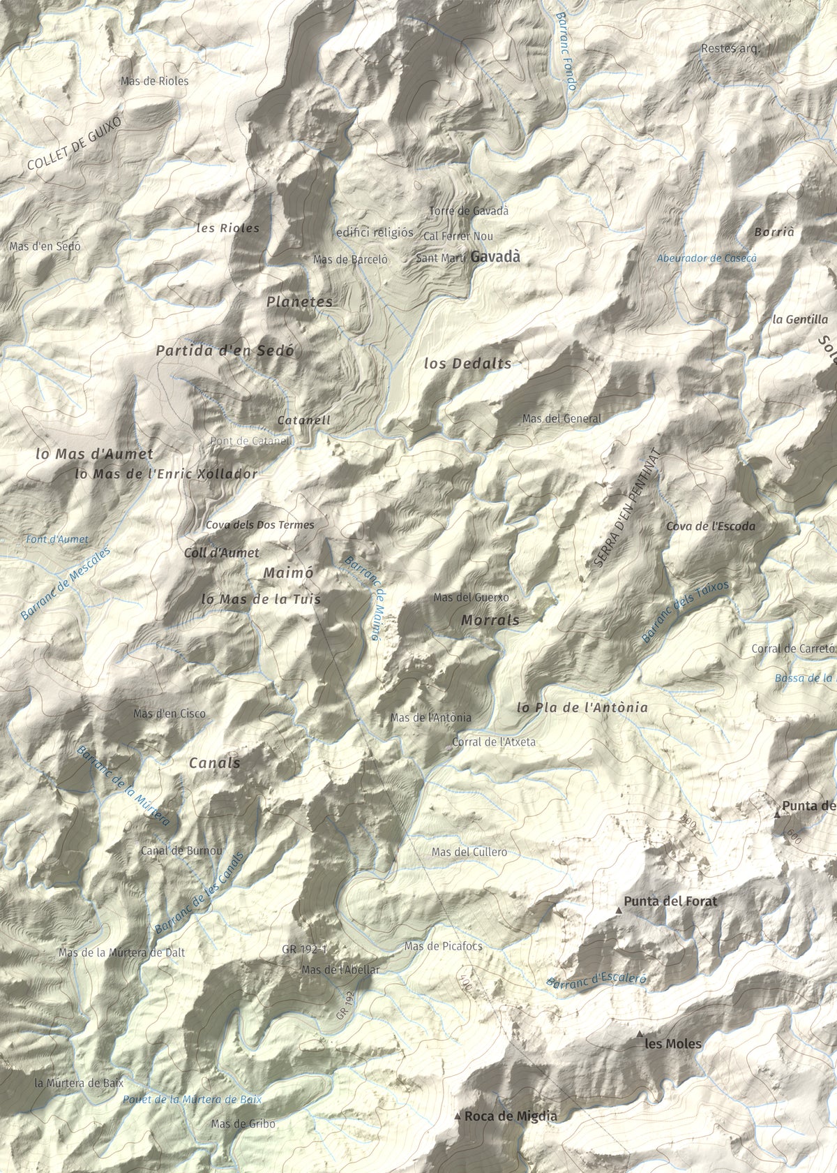 Mapa topogràfic del relleu: Tossal de l'Alzina, 697 m. Detall de la zona superior esquerra. 50 × 70 cm.