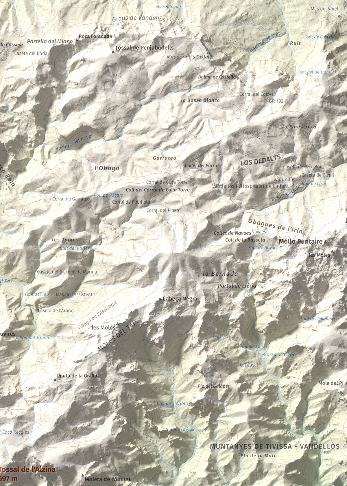 Mapa topogràfic del relleu: Tossal de l'Alzina, 697 m. Detall de la zona superior dreta. 50 × 70 cm.