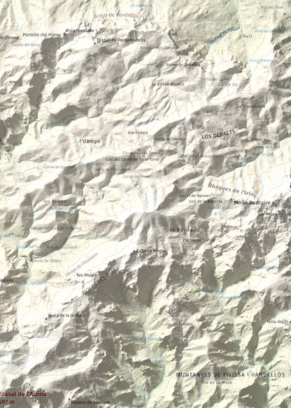 Mapa topogràfic del relleu: Tossal de l'Alzina, 697 m. Detall de la zona superior dreta. 50 × 70 cm.
