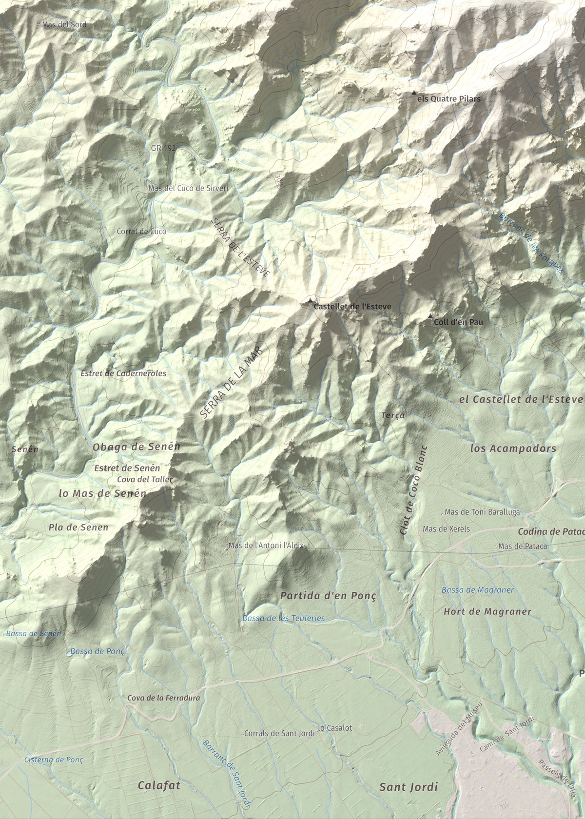 Mapa topogràfic del relleu: Tossal de l'Alzina, 697 m. Detall de la zona inferior esquerra. 50 × 70 cm.