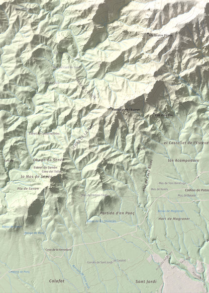 Mapa topogràfic del relleu: Tossal de l'Alzina, 697 m. Detall de la zona inferior esquerra. 50 × 70 cm.