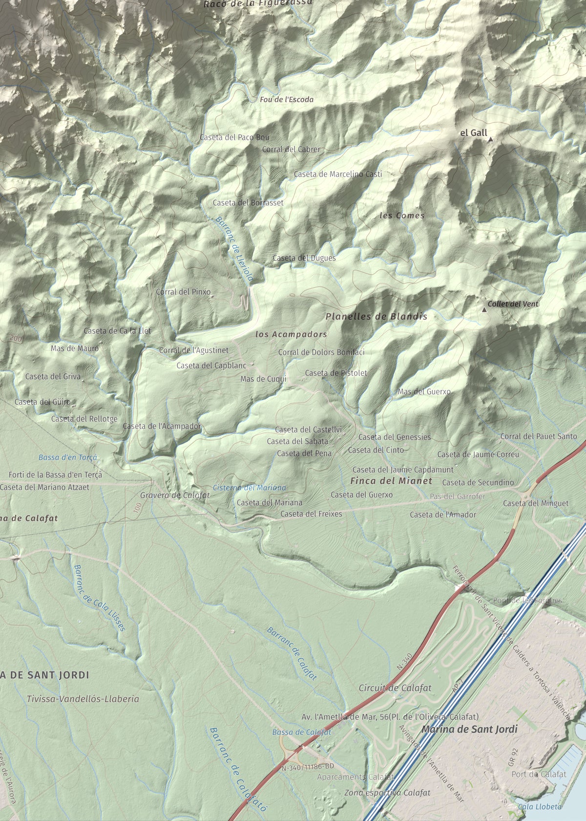 Mapa topogràfic del relleu: Tossal de l'Alzina, 697 m. Detall de la zona inferior dreta. 50 × 70 cm.